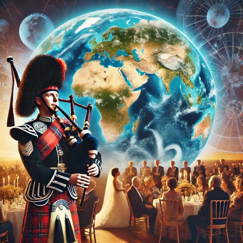 Wedding bagpiper performing for an international wedding celebration